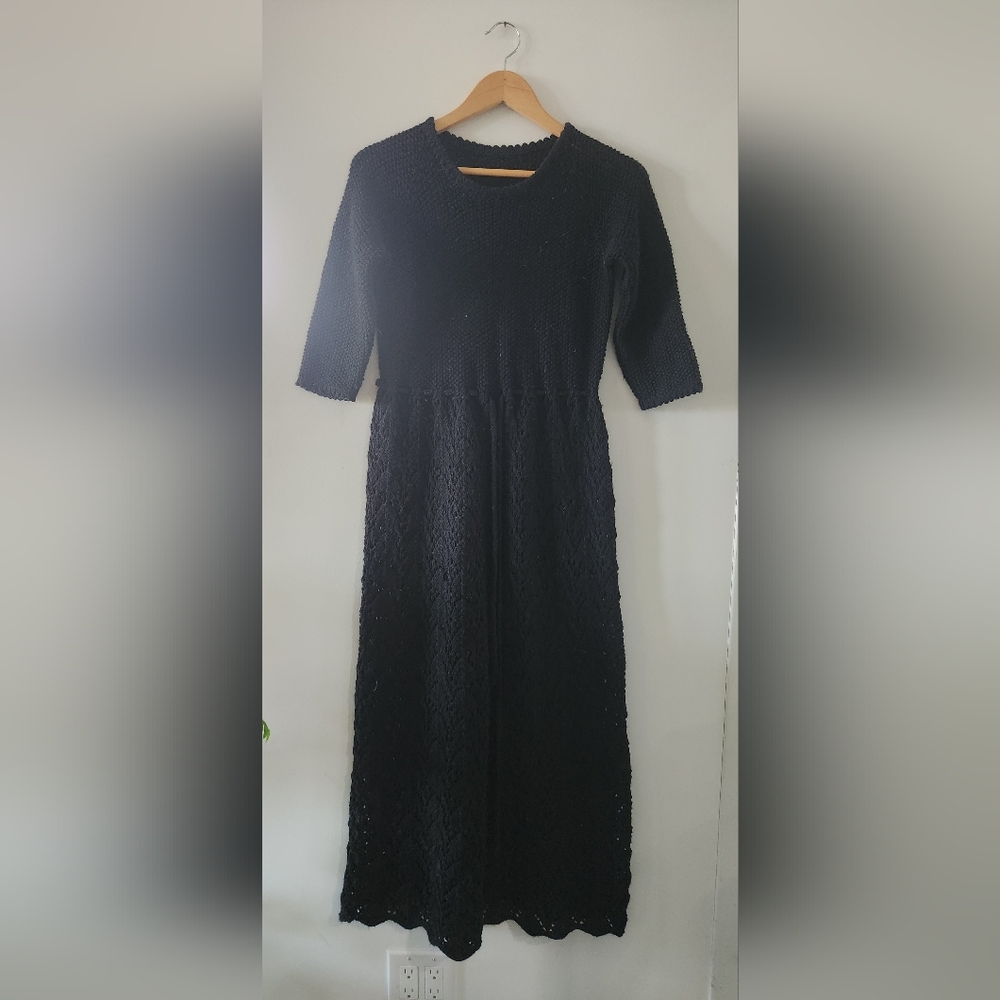 Elegant Black Hand Knit Dress Crochet Look Medium
